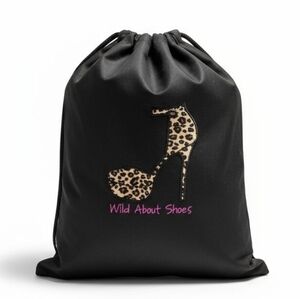 EUC Cute Black Lined Cloth "Wild About Shoes" Leopard Heel Art Dust Bag!